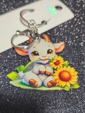Mint White Goat Keychain with Yellow Sunflowers